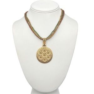 Premier Designs necklace multicolored beaded round pendant green rhinestones